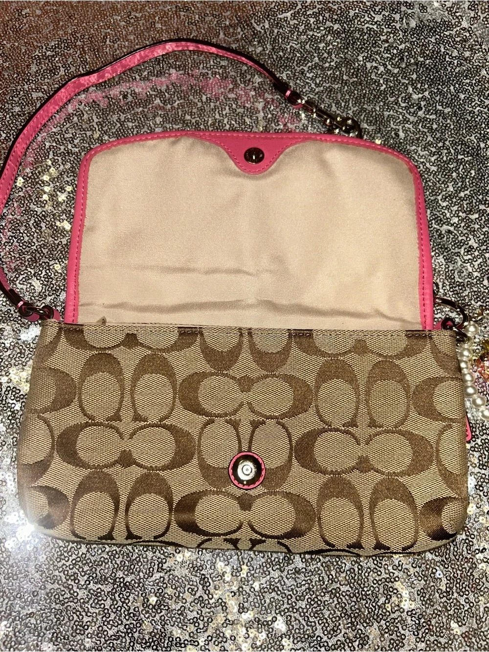 Coach Brown Signature Canvas Wristlet with Pink Trim